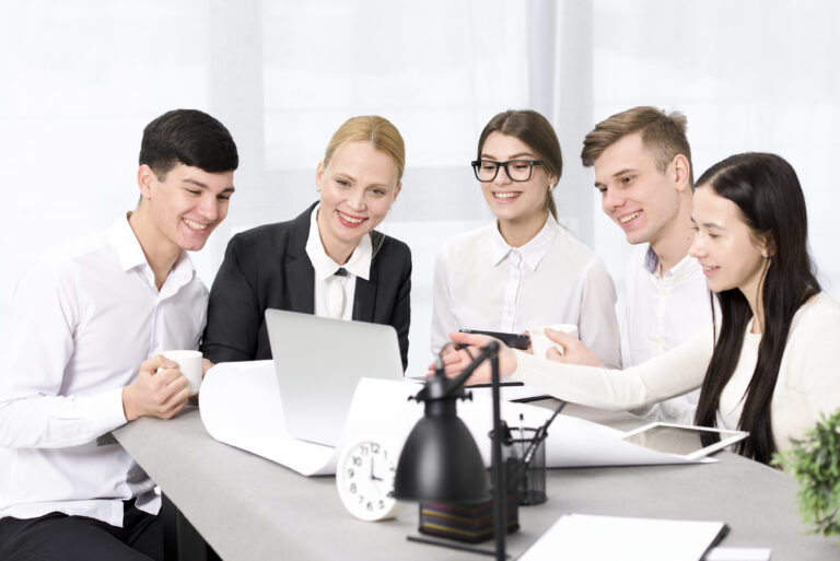 group-businesspeople-discussing-project-laptop